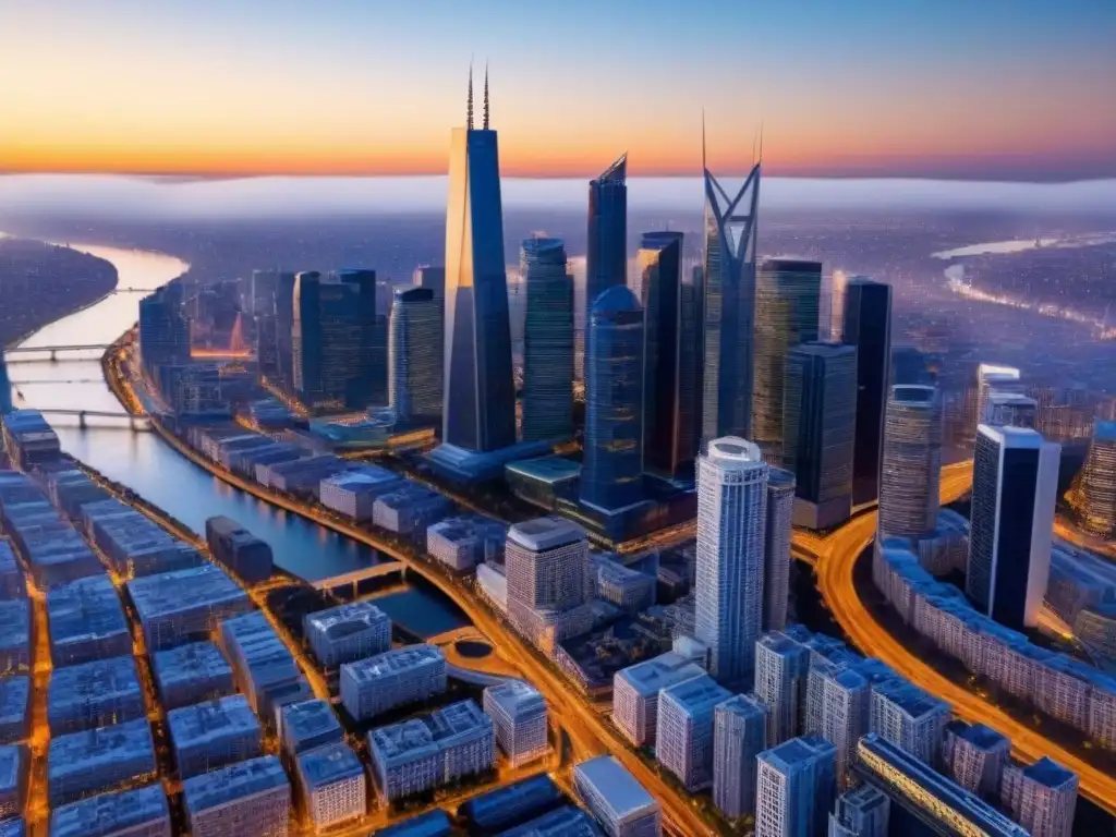 Espectacular atardecer en la ciudad: skyline moderno y vibrante Un vibrante atardecer en la ciudad con modernos rascacielos, calles iluminadas y un río serpenteante