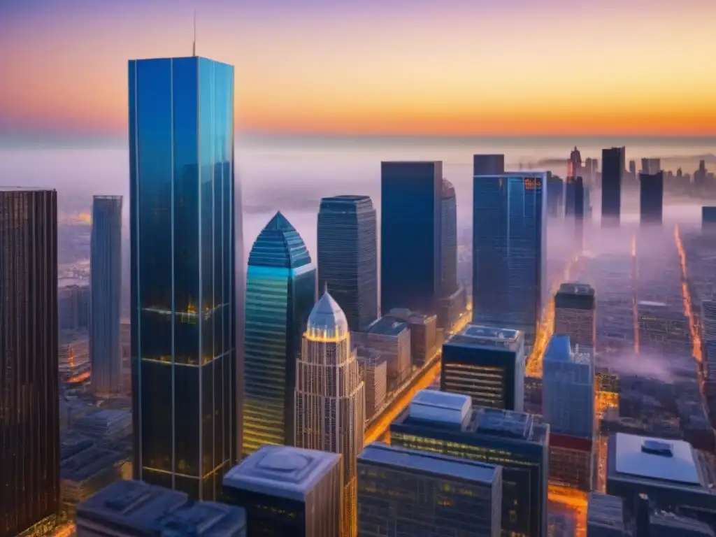 Skyline urbano al atardecer: éxito en inversiones inmobiliarias Un vibrante atardecer en la ciudad con profesionales y estrategias de inversión inmobiliaria postcrisis