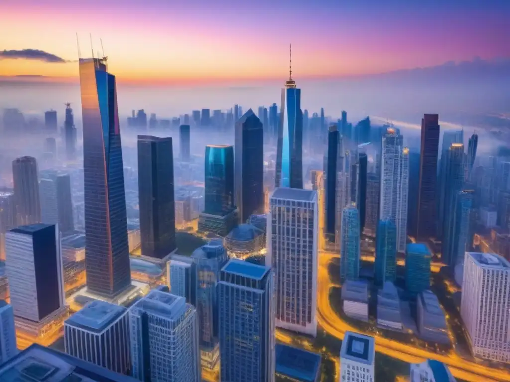Metropolis vibrante: tendencias demográficas y real estate Un vibrante atardecer en la ciudad con profesionales y rascacielos iluminados