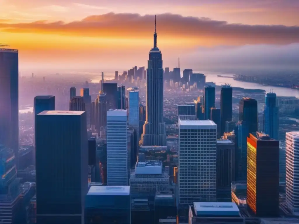 Horizonte urbano al atardecer: oficina y mercado inmobiliario activo Vibrante atardecer en la ciudad con profesionales conversando frente a un edificio moderno, simbolizando la recuperación rápida inversión inmobiliaria