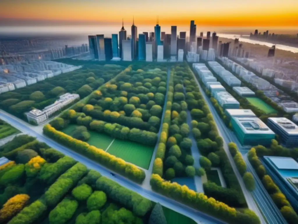 Espléndida vista aérea de ciudad moderna y verde al atardecer Un vibrante atardecer ilumina la ciudad, entre rascacielos y parques urbanos