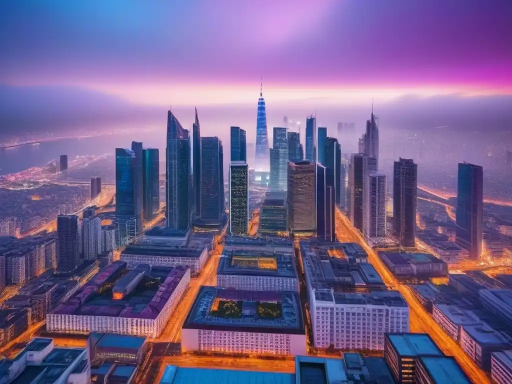 Un vibrante atardecer en la ciudad, con rascacielos iluminados por luces cálidas