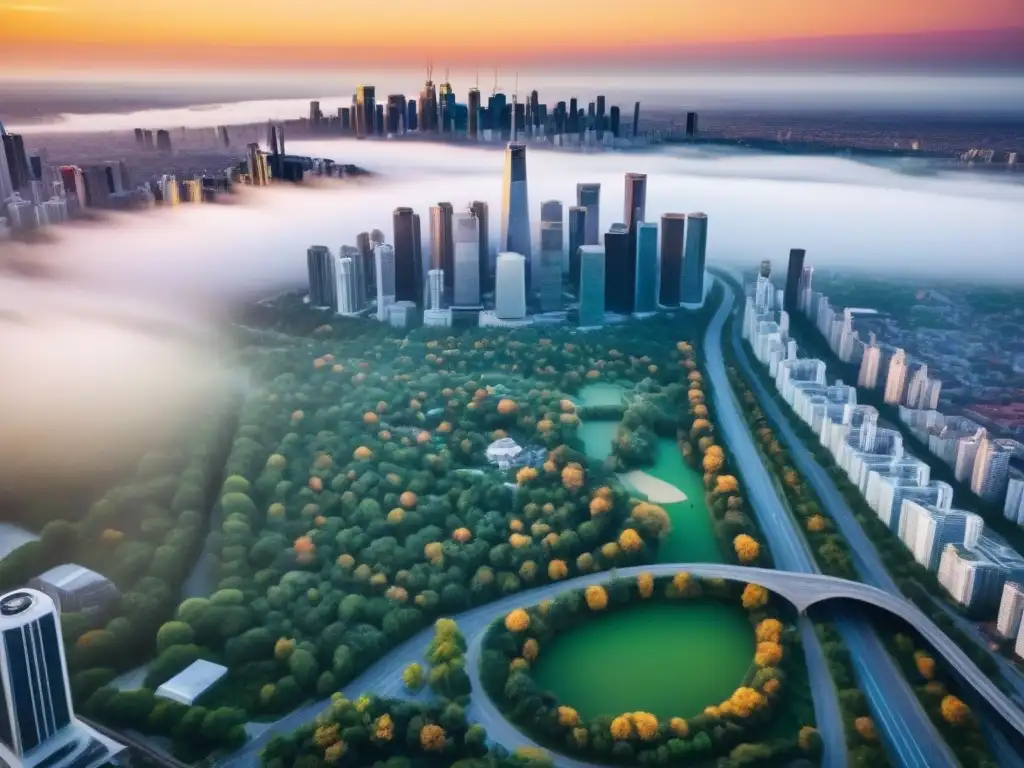 Esplendor urbano: cielo dorado sobre modernos rascacielos y áreas verdes Un vibrante atardecer ilumina la ciudad con rascacielos
