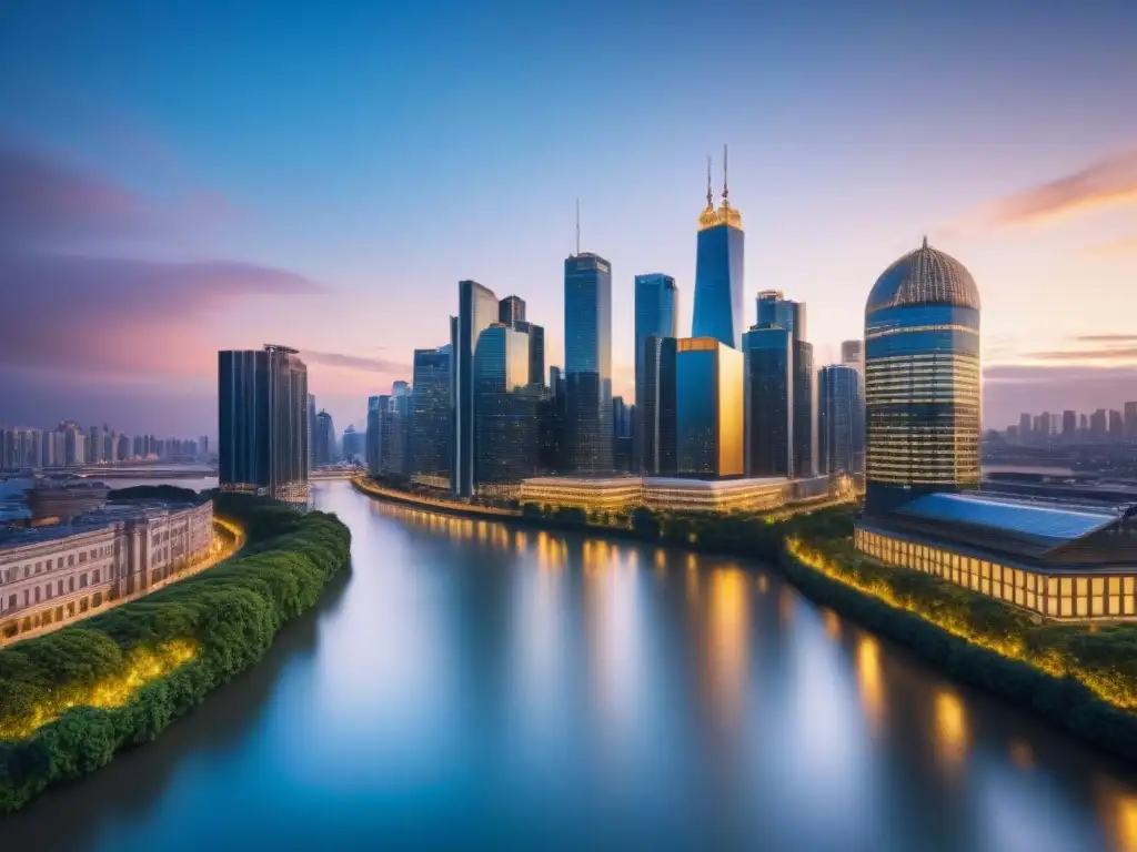 Esplendor urbano: atardecer en la ciudad financiera Un vibrante atardecer en la ciudad con rascacielos, naturaleza y un río, reflejando políticas monetarias REITs financiamiento inmobiliario