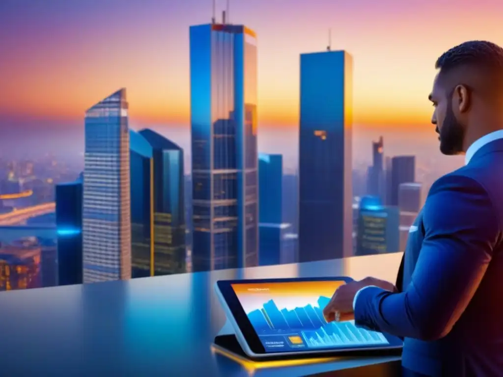 Escena vibrante de inversionistas en crowdlending al atardecer Un vibrante atardecer en la ciudad con rascacielos modernos iluminados por el sol