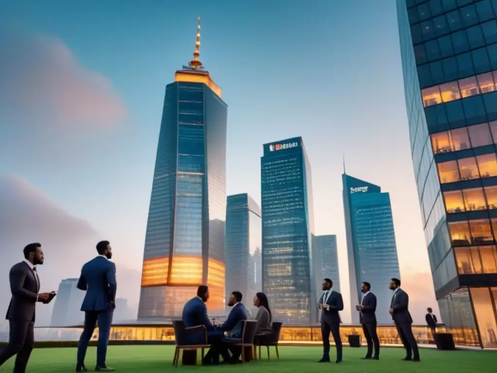 Oportunidades al atardecer: éxito y progreso en inversión inmobiliaria Un vibrante atardecer en la ciudad con rascacielos iluminados y profesionales discutiendo afuera de una oficina moderna