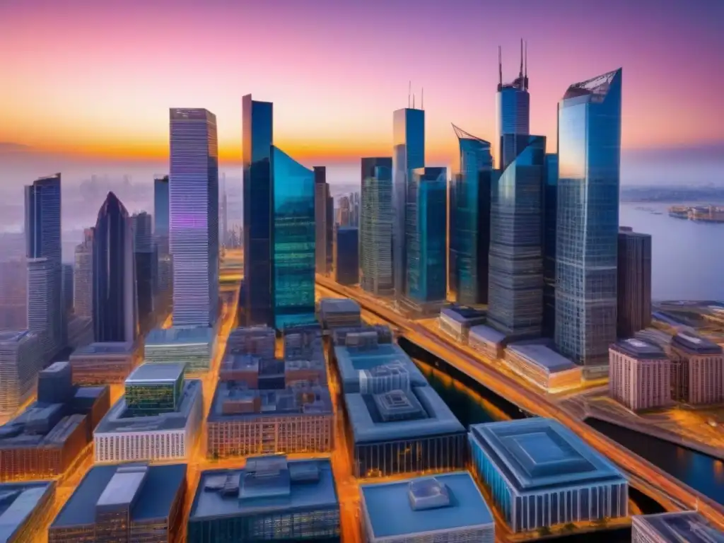 Horizonte urbano al atardecer: auge del mercado inmobiliario Un vibrante atardecer en la ciudad con rascacielos comerciales y calles llenas de profesionales
