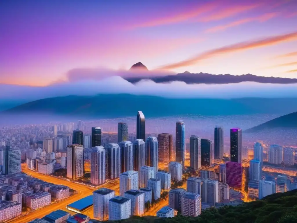 Puesta de sol en Santiago: modernidad y historia en 8k Vibrante atardecer en Santiago, mezcla de edificios modernos y arquitectura histórica