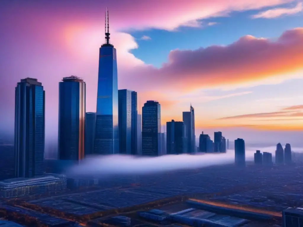 Vibrante metrópolis al atardecer con rascacielos iluminados por la luz dorada, reflejando éxito financiero