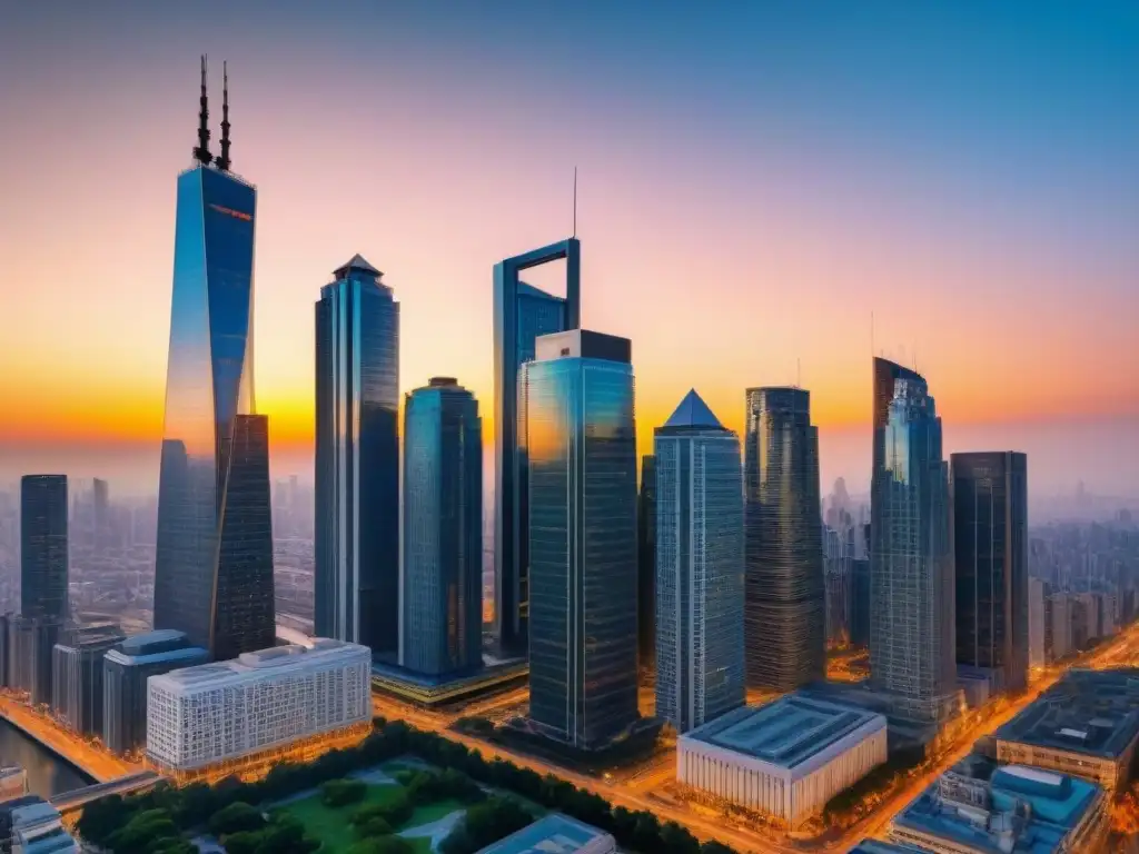 Paisaje urbano al atardecer: modernidad y prosperidad en el distrito financiero Un vibrante atardecer ilumina rascacielos modernos en un distrito financiero, reflejando el dinamismo de la ciudad
