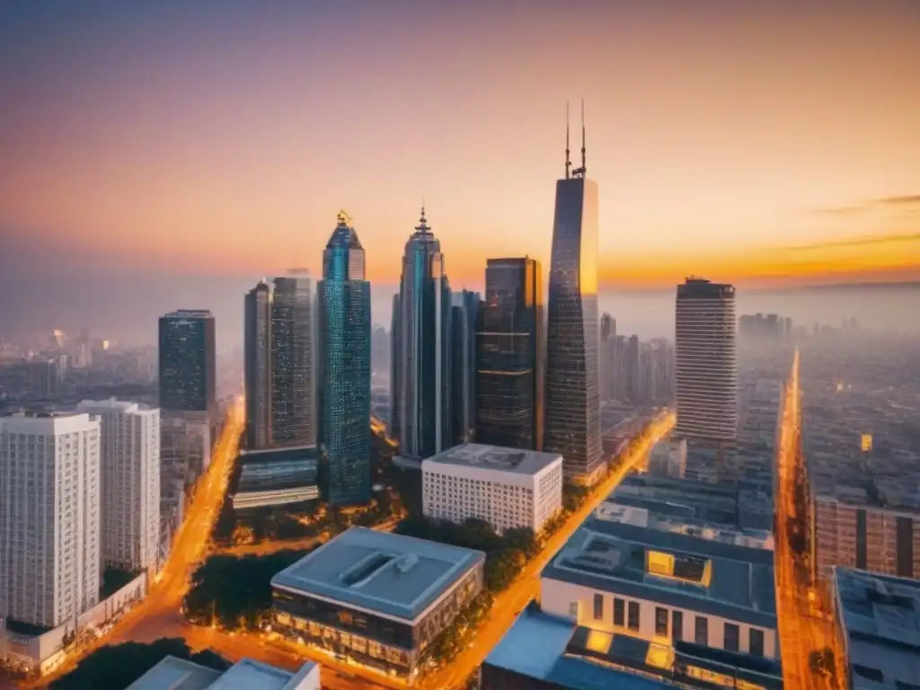 Vibrante metrópolis al atardecer con rascacielos de vidrio, reflejando el cálido sol