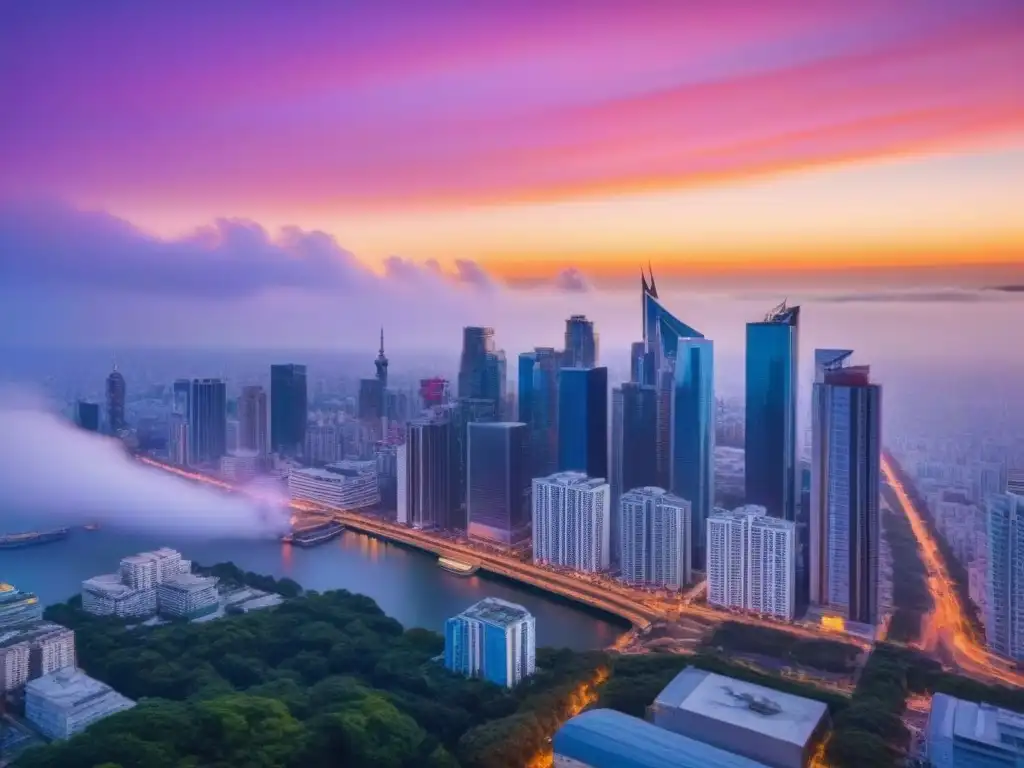 Skyline urbano al atardecer: vida vibrante y modernidad Un vibrante atardecer urbano con rascacielos modernos iluminados por luces neón, reflejando la Desigualdad de crédito inmobiliario