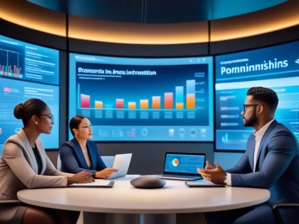 Reunión de brainstorming con profesionales en sala de juntas futurista Un vibrante brainstorming de profesionales en un futuro boardroom, rodeados de gráficos financieros proyectados holográficamente, simbolizando estrategias de inversión inteligente en un entorno desafiante de mercado laboral