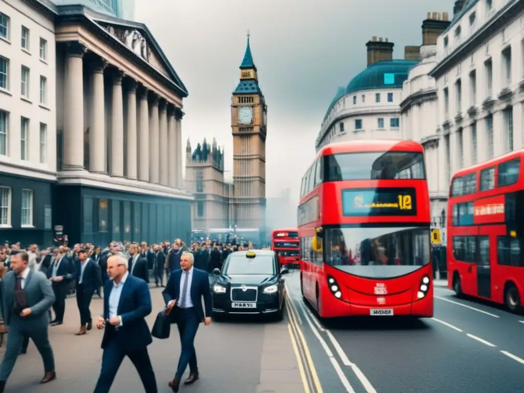 Vibrante calle londinense: arquitectura tradicional y moderna en la era del Brexit Vibrante calle de Londres con arquitectura tradicional y modernos rascacielos, reflejando la dinámica urbana en tiempos de Brexit impacto mercado inmobiliario