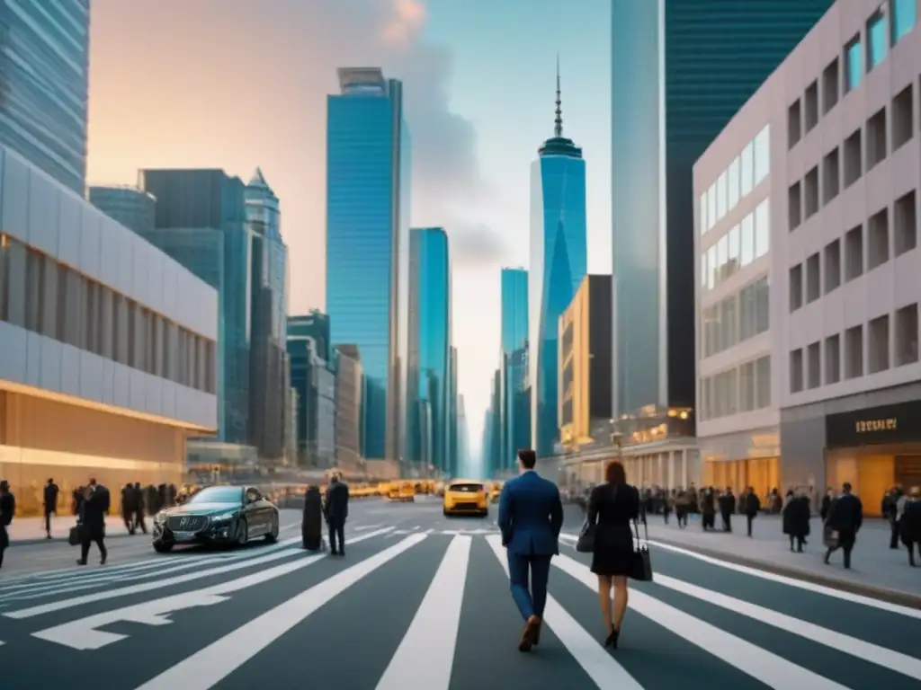Escena urbana 8k: interacción profesional en ciudad dinámica Una vibrante calle citadina con arquitectura moderna y elementos tradicionales, reflejando innovación y colaboración