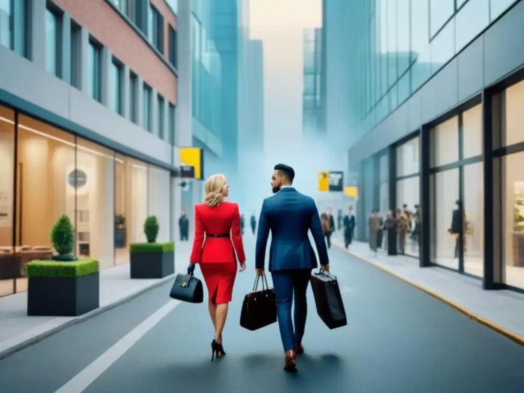 Escena urbana moderna: ajetreo comercial entre rascacielos Vibrante calle comercial con arquitectura moderna y profesionales exitosos