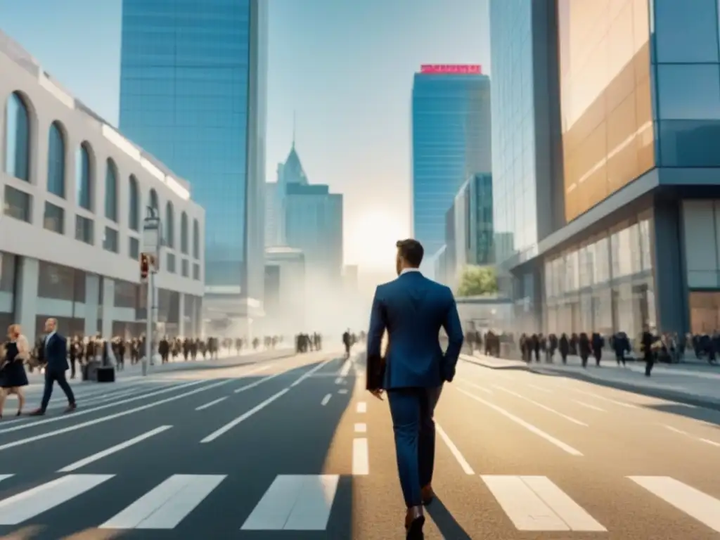 Vibrante calle comercial con edificios modernos y profesionales, reflejando la importancia de los REITs en la economía