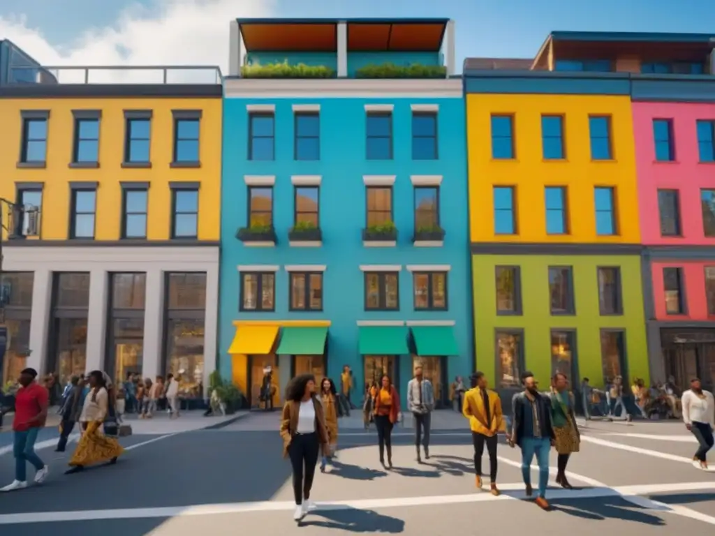 Escena urbana: diversidad, sostenibilidad y comunidad Vibrante calle urbana con diversidad étnica, edificio moderno, jardín en azotea y mural inclusivo