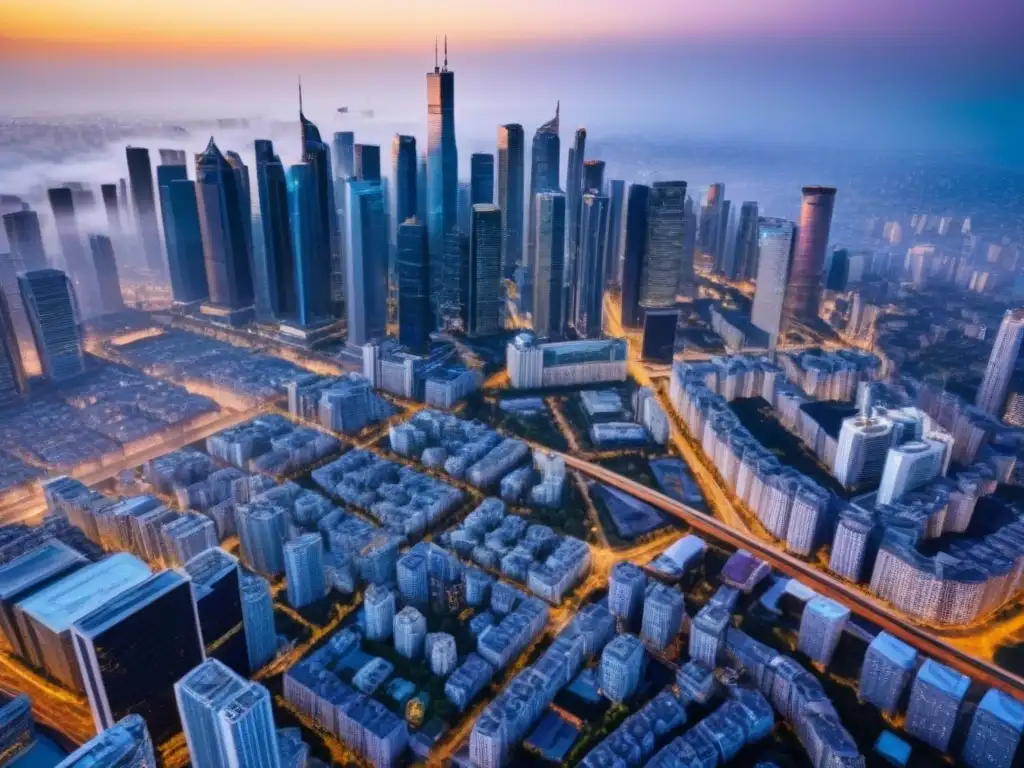 Metrópolis moderna: impresionante paisaje urbano en alta resolución Vibrante centro urbano con rascacielos modernos y calles bulliciosas, reflejando el mercado inmobiliario