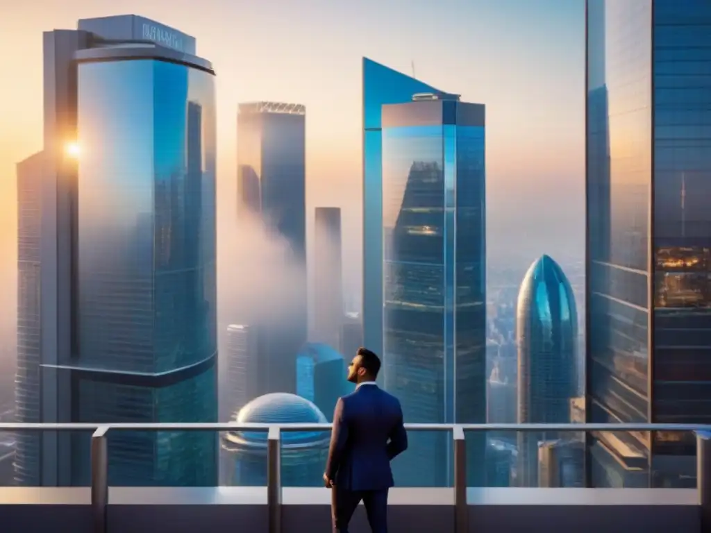 Metrópolis futurista: auge inmobiliario y negocios vibrantes Vibrante ciudad con arquitectura futurista y profesionales de negocios, reflejando el mercado inmobiliario