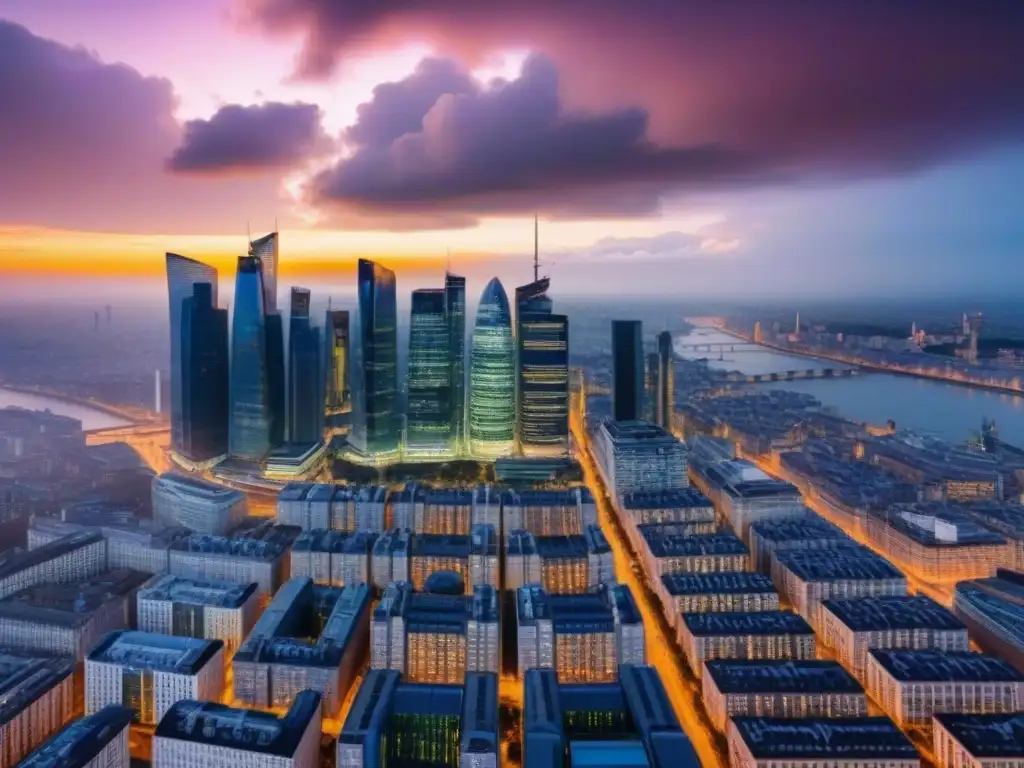Mercado inmobiliario postBrexit: ciudad futurista y diversa Vibrante ciudad postBrexit con arquitectura moderna y tradicional, reflejando el impacto en el mercado inmobiliario