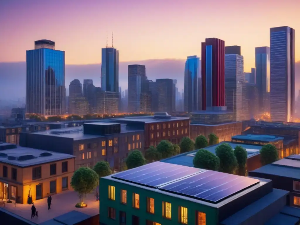 Metrópolis vibrante: diversidad urbana al anochecer Vibrante ciudad al anochecer con arquitectura moderna y diversidad urbana, reflejando políticas públicas de desarrollo urbano equitativo