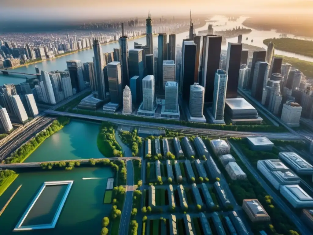 Vibrante ciudad con arquitectura variada, espacios verdes y agua, bañada en cálida luz