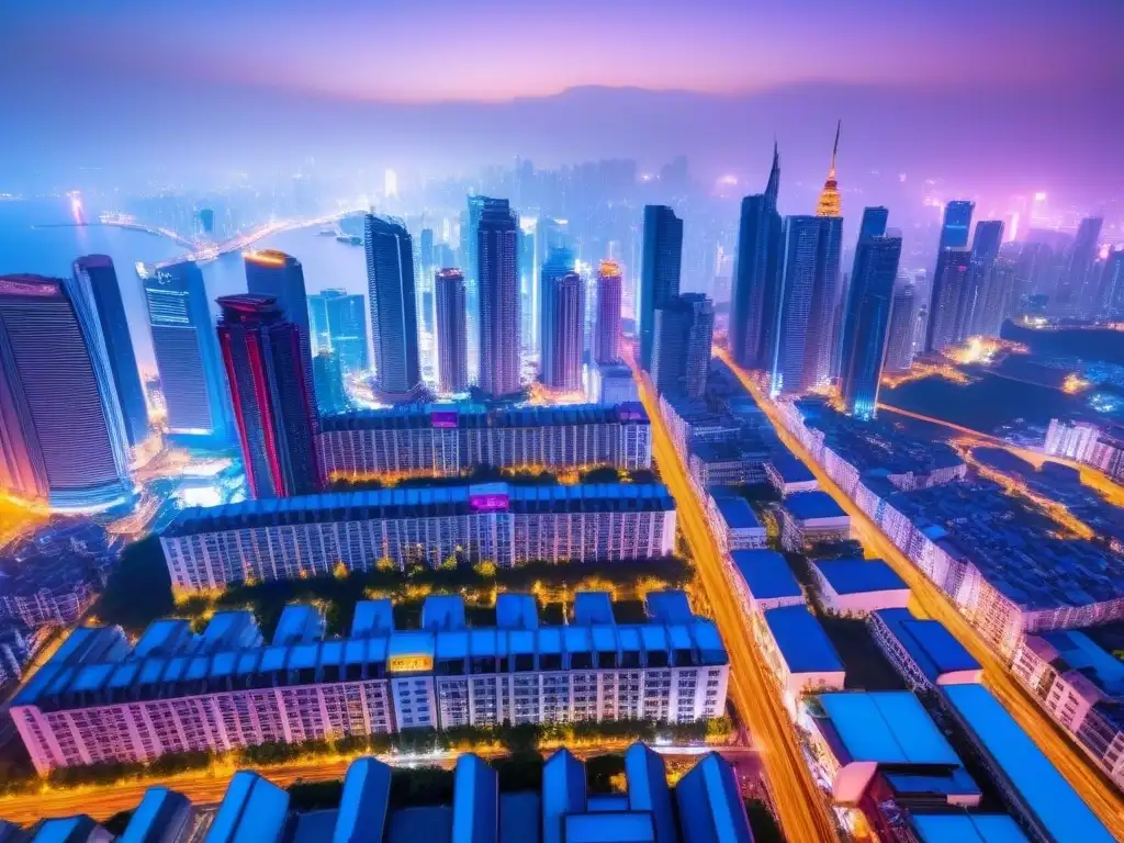 Horizonte urbano asiático: tradición y modernidad en neón Vibrante ciudad asiática: arquitectura tradicional y rascacielos modernos iluminados por neones, reflejo del mercado inmobiliario y las oportunidades en Asia