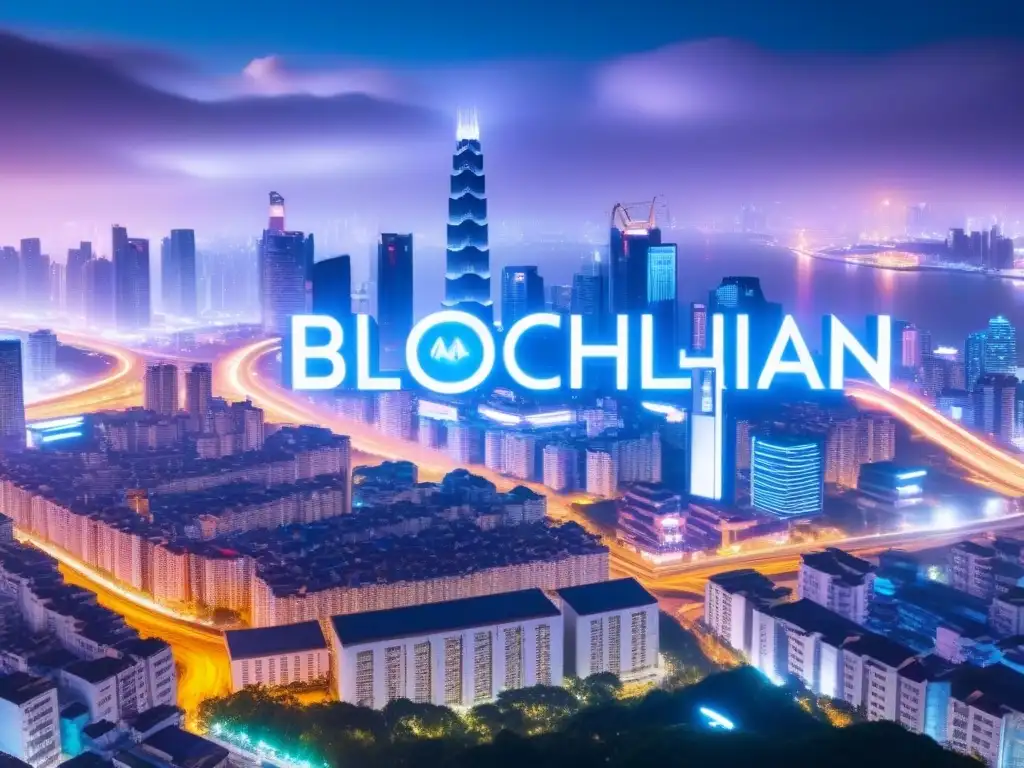 Skyline futurista asiático con tecnología blockchain Vibrante ciudad asiática futurista de noche con luces de neón y símbolos de tecnología blockchain en rascacielos