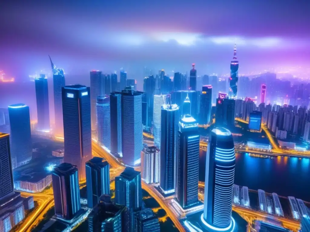 Vibrante metrópolis asiática en 8k: innovación y colaboración inmobiliaria Vibrante ciudad asiática de noche con rascacielos futuristas iluminados por luces neón, reflejando financiamiento inmobiliario innovador en Asia