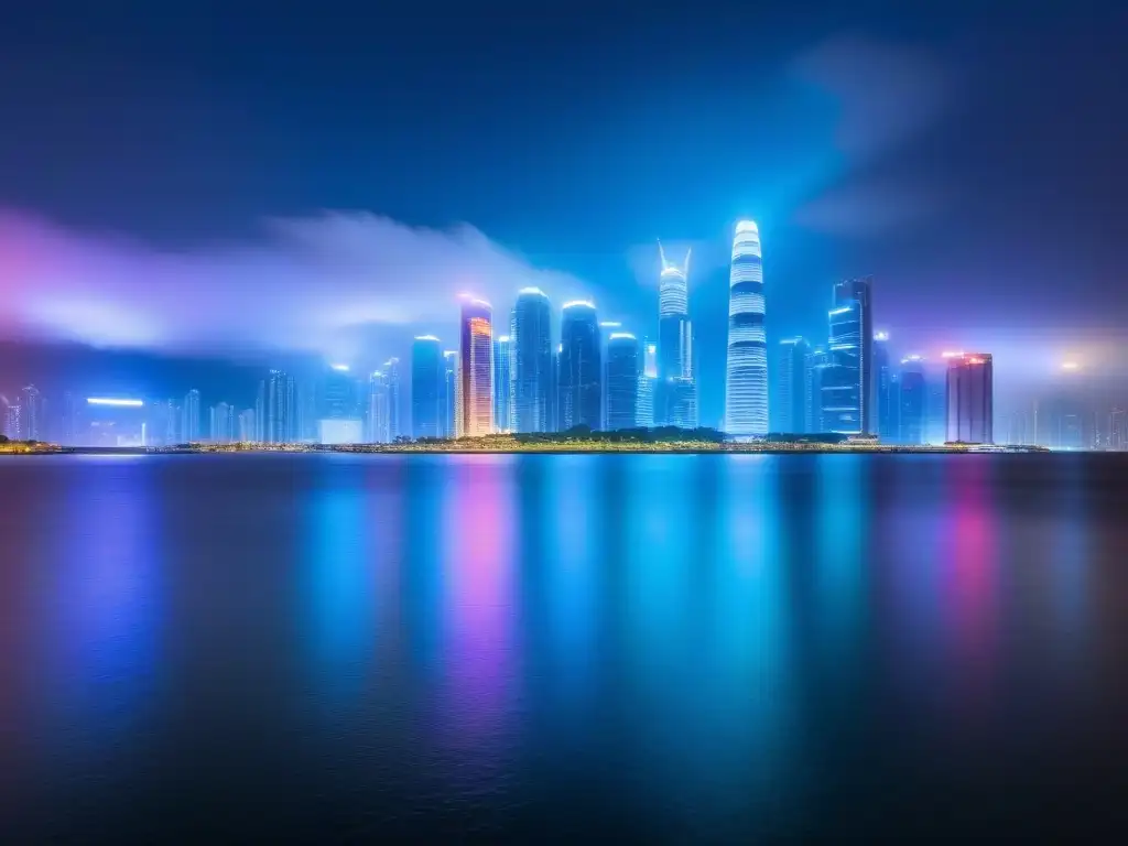 Skyline futurista de ciudad asiática con rascacielos iluminados Vibrante ciudad asiática nocturna con rascacielos iluminados por luces neón, reflejando el financiamiento inmobiliario en Asia
