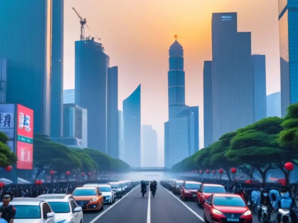 Horizonte urbano asiático: fusión moderna y tradicional al atardecer Vibrante ciudad asiática con rascacielos y gente de negocios, reflejando la dinámica del mercado inmobiliario en Asia