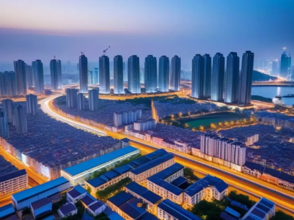Horizonte urbano de Asia: luces y sombras en metrópolis vibrante Vibrante ciudad asiática con rascacielos y calles llenas de vida al atardecer
