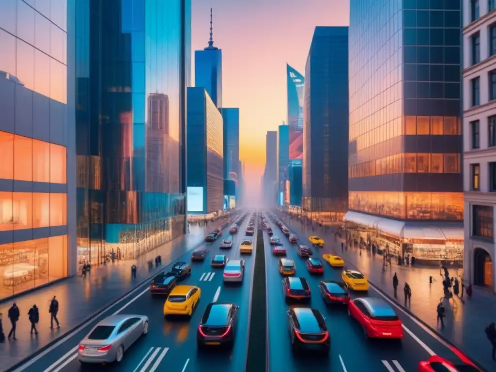 Cityscape futurista al atardecer: innovación y tecnología en armonía Vibrante ciudad al atardecer con arquitectura futurista y profesionales discutiendo tendencias mercado inmobiliario tecnología