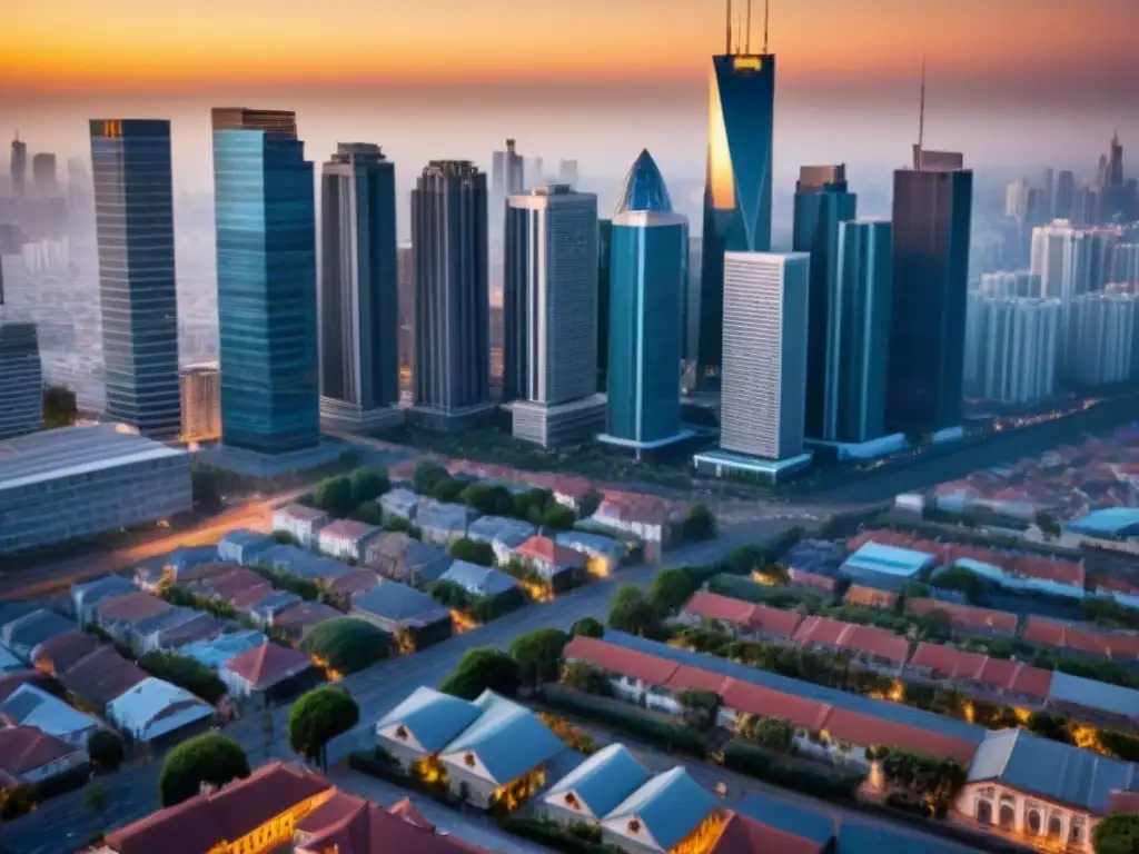 Skyline urbano al atardecer: modernidad y tradición Vibrante ciudad al atardecer, mezcla de arquitectura moderna y tradicional