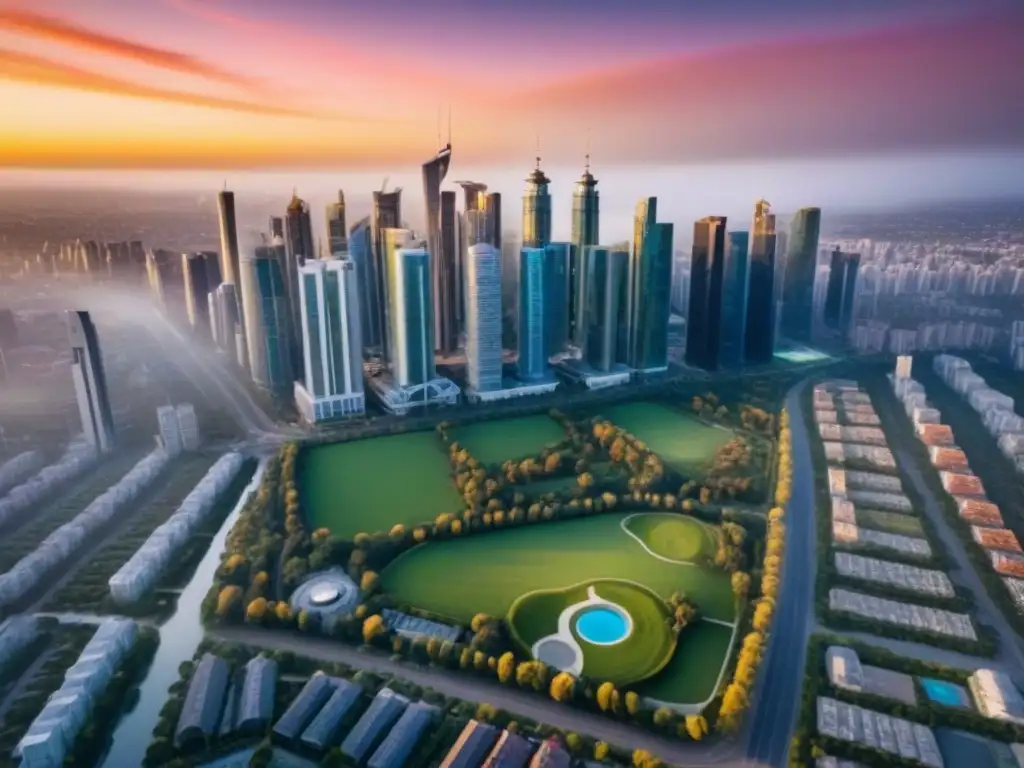 Espectacular crecimiento urbano: atardecer vibrante en metrópolis moderna Vibrante ciudad al atardecer, reflejando el crecimiento inmobiliario