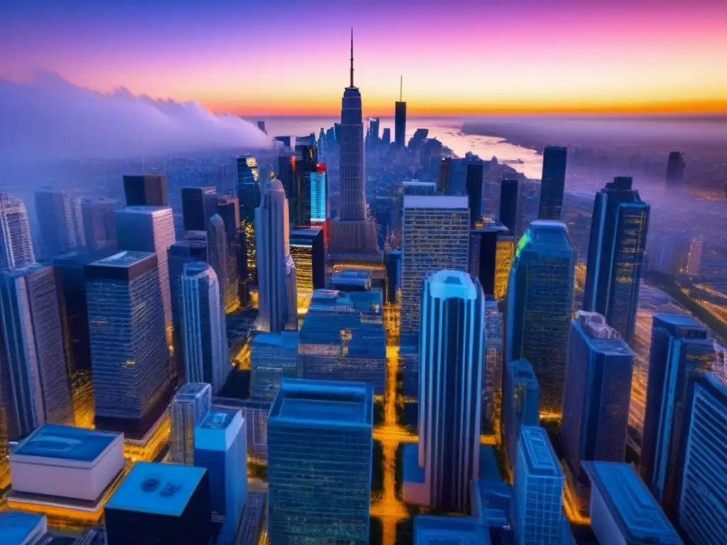 Horizonte urbano al atardecer: innovación en inversión inmobiliaria Vibrante ciudad al atardecer, reflejando innovación en la estrategia inversión inmobiliaria