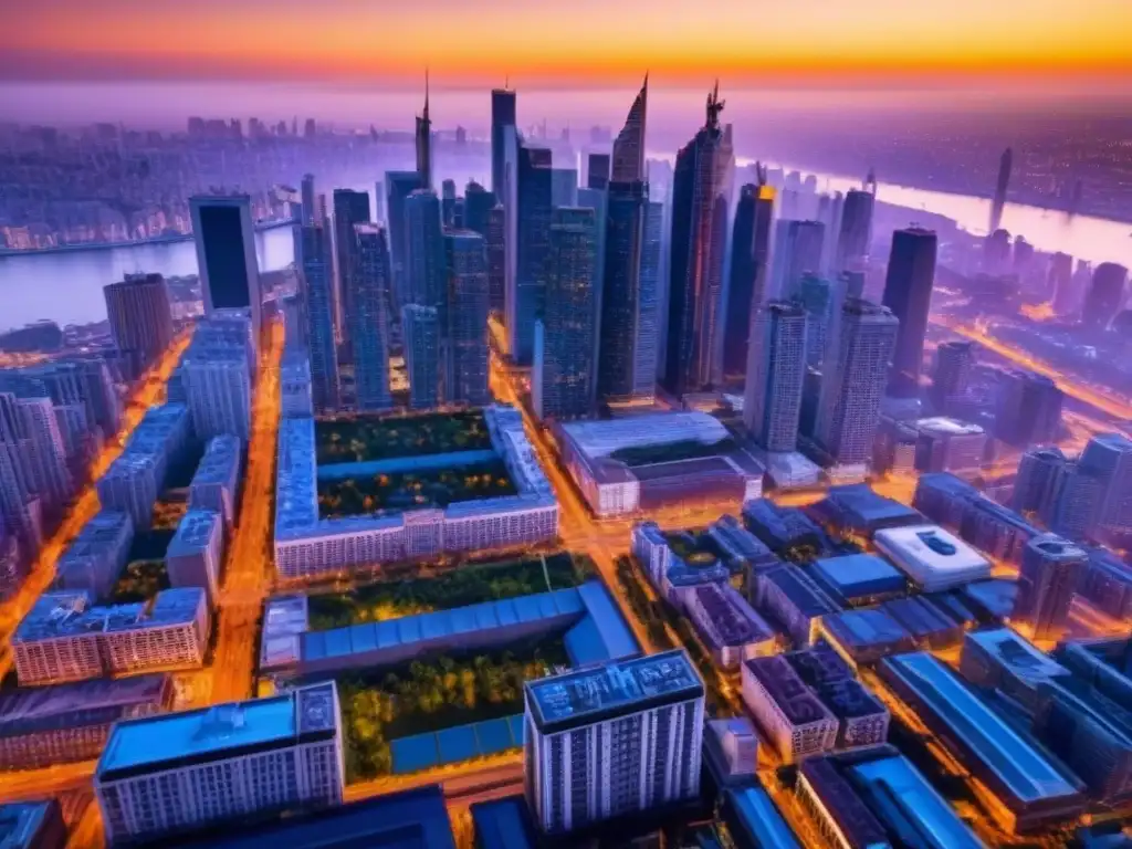 Skyline urbano en crecimiento: Oportunidades de inversión en bienes raíces Vibrante ciudad al atardecer, reflejando éxito en inversiones inmobiliarias con modernos rascacielos