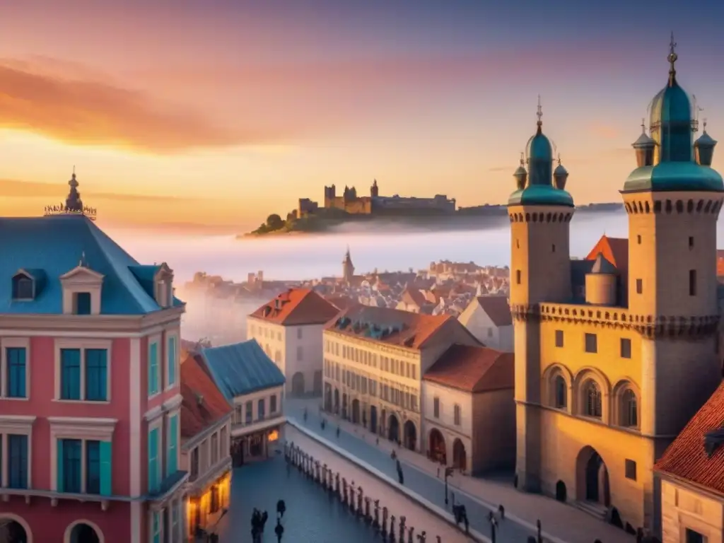 Cityscape histórico-moderno al atardecer: oportunidades inmobiliarias Vibrante ciudad al atardecer: historia y modernidad se fusionan en oportunidades inversión inmobiliaria patrimonio