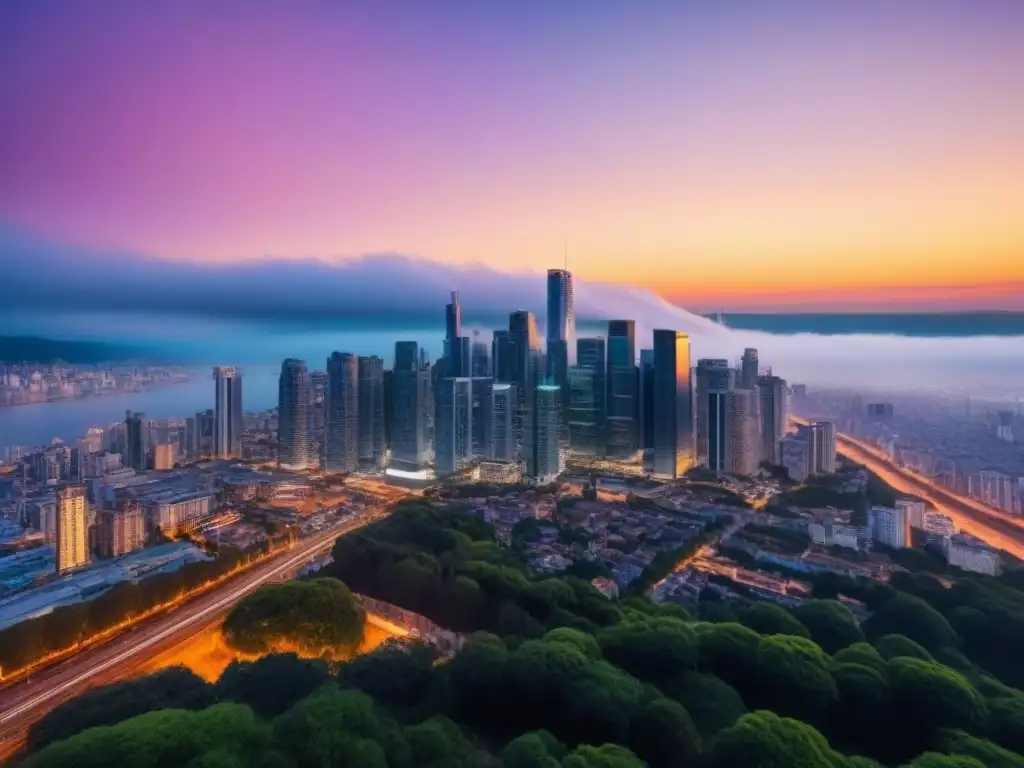 Espectacular skyline urbano al atardecer: mercado inmobiliario en auge Vibrante ciudad al atardecer reflejando impacto de política monetaria en propiedades