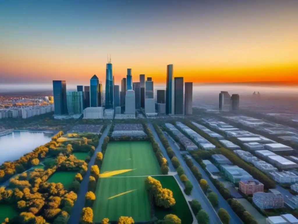 Vibrante ciudad al atardecer: oportunidades de inversión inmobiliaria Una vibrante ciudad al atardecer, reflejando la Importancia localización Flipping Propiedades