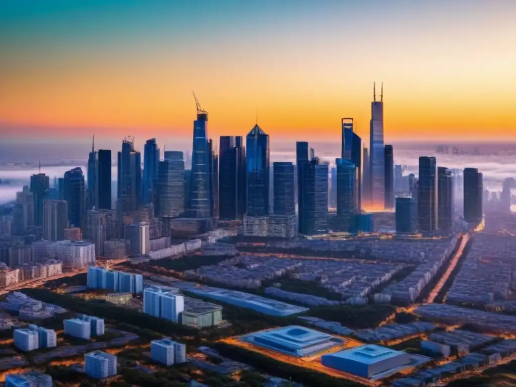 Horizonte urbano moderno al atardecer: crecimiento inmobiliario Vibrante ciudad al atardecer, reflejando un mercado inmobiliario próspero impactado por seguros