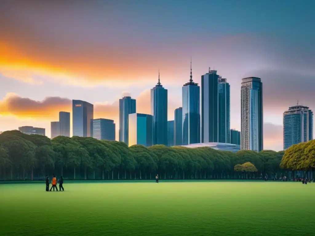 Horizonte urbano al atardecer: ciudad y naturaleza en armonía Vibrante ciudad al atardecer con modernos rascacielos y parque verde