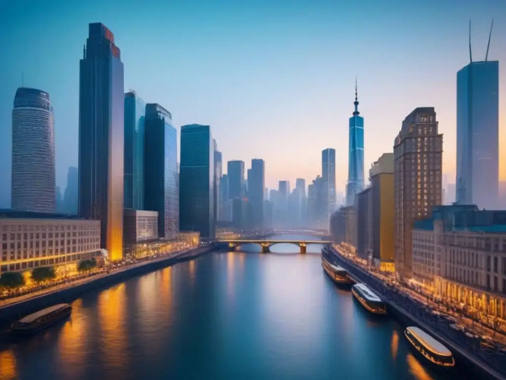 Horizonte moderno al anochecer: oportunidades de inversión en bienes raíces Vibrante ciudad al atardecer, con modernos rascacielos iluminados y bulliciosas calles