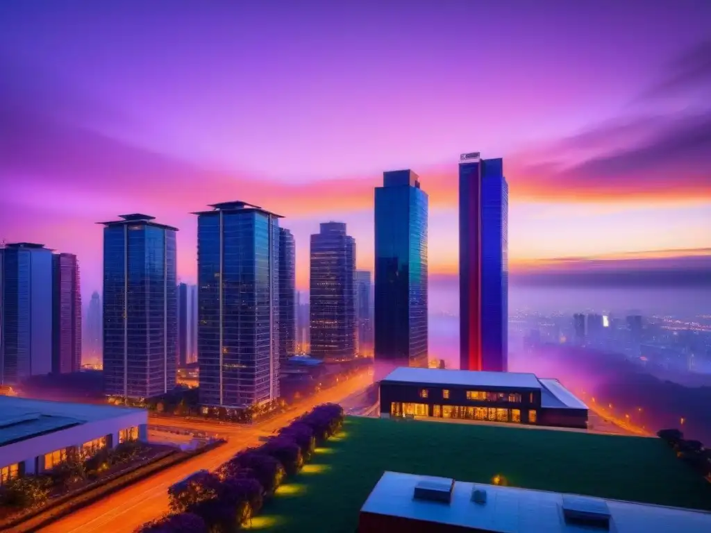Horizonte urbano al atardecer: modernidad y calidez en la ciudad 'Vibrante ciudad al atardecer con modernos edificios y luces urbanas, beneficios fiscales proyectos urbanos'
