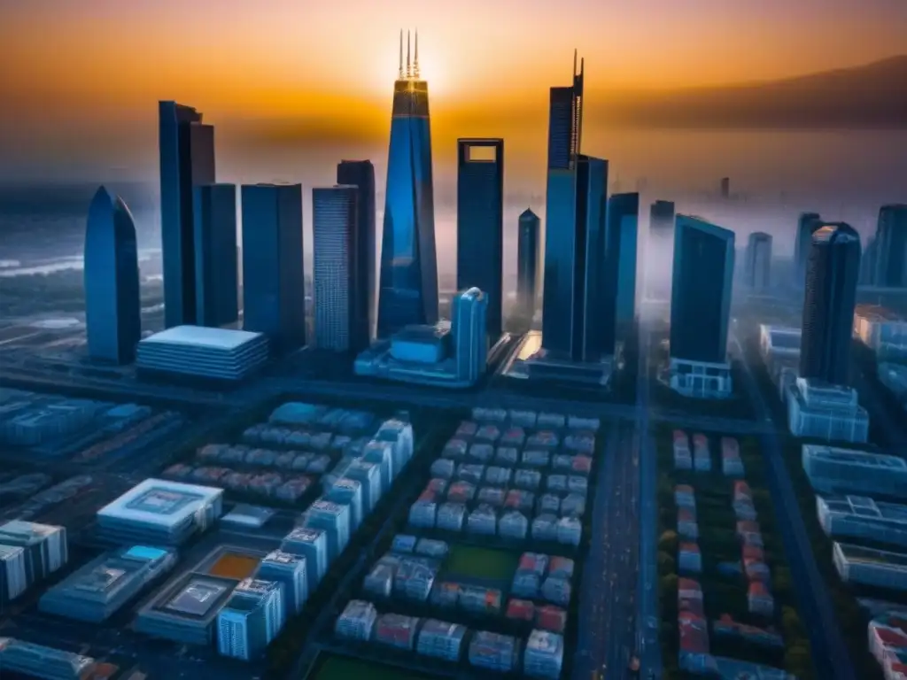Skyline urbano al atardecer: modernos rascacielos y vida frenética Vibrante ciudad al atardecer con modernos rascacielos y bulliciosas calles llenas de profesionales, destacando beneficios fiscales sector inmobiliario