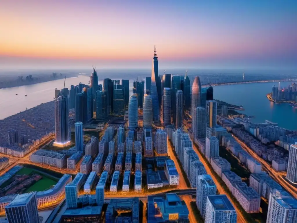 Panorama urbano al atardecer: modernidad y prosperidad en 2023 Vibrante ciudad al atardecer, con modernos rascacielos iluminados por el sol