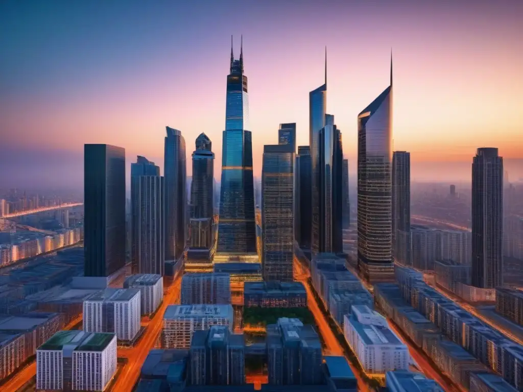 Vibrante ciudad al atardecer, con modernos rascacielos iluminados por el sol, reflejando la energía urbana