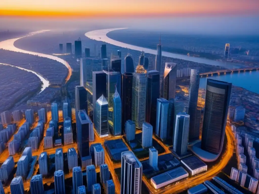 Vibrante ciudad al atardecer con modernos rascacielos y luces nocturnas