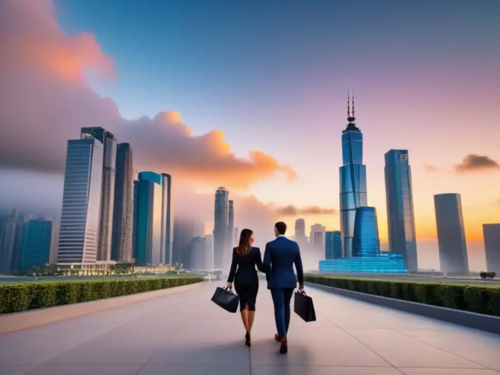 Horizonte urbano moderno al atardecer: progreso y oportunidad en la ciudad Vibrante ciudad al atardecer, con modernos rascacielos iluminados por un cálido y vibrante atardecer